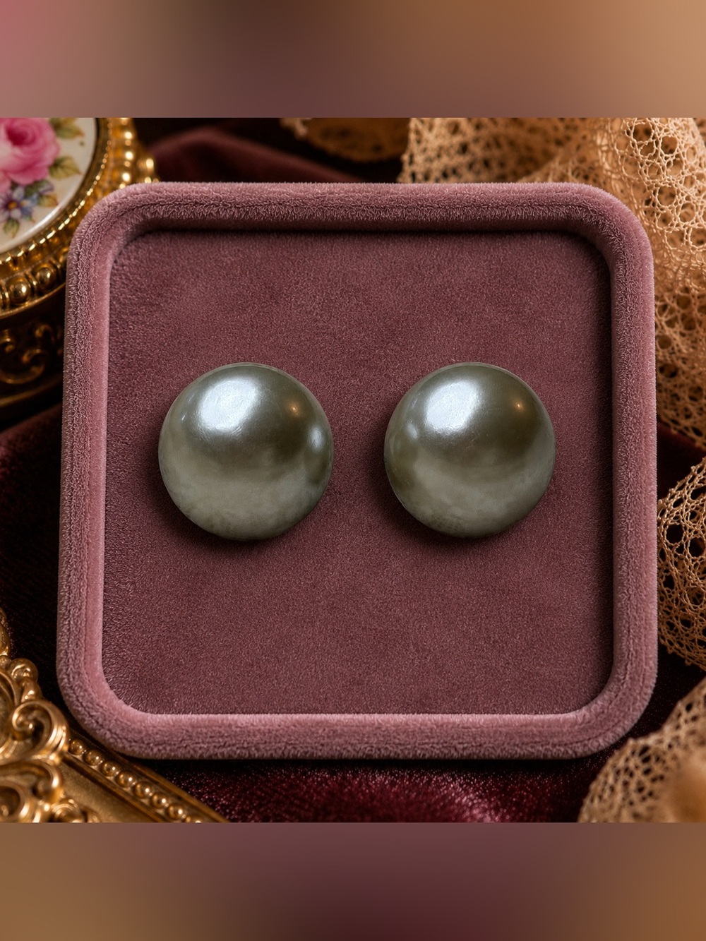 Vintage Japan Gray Faux Mabe Pearl Dome Clip Earrings Large Lucite 1950s